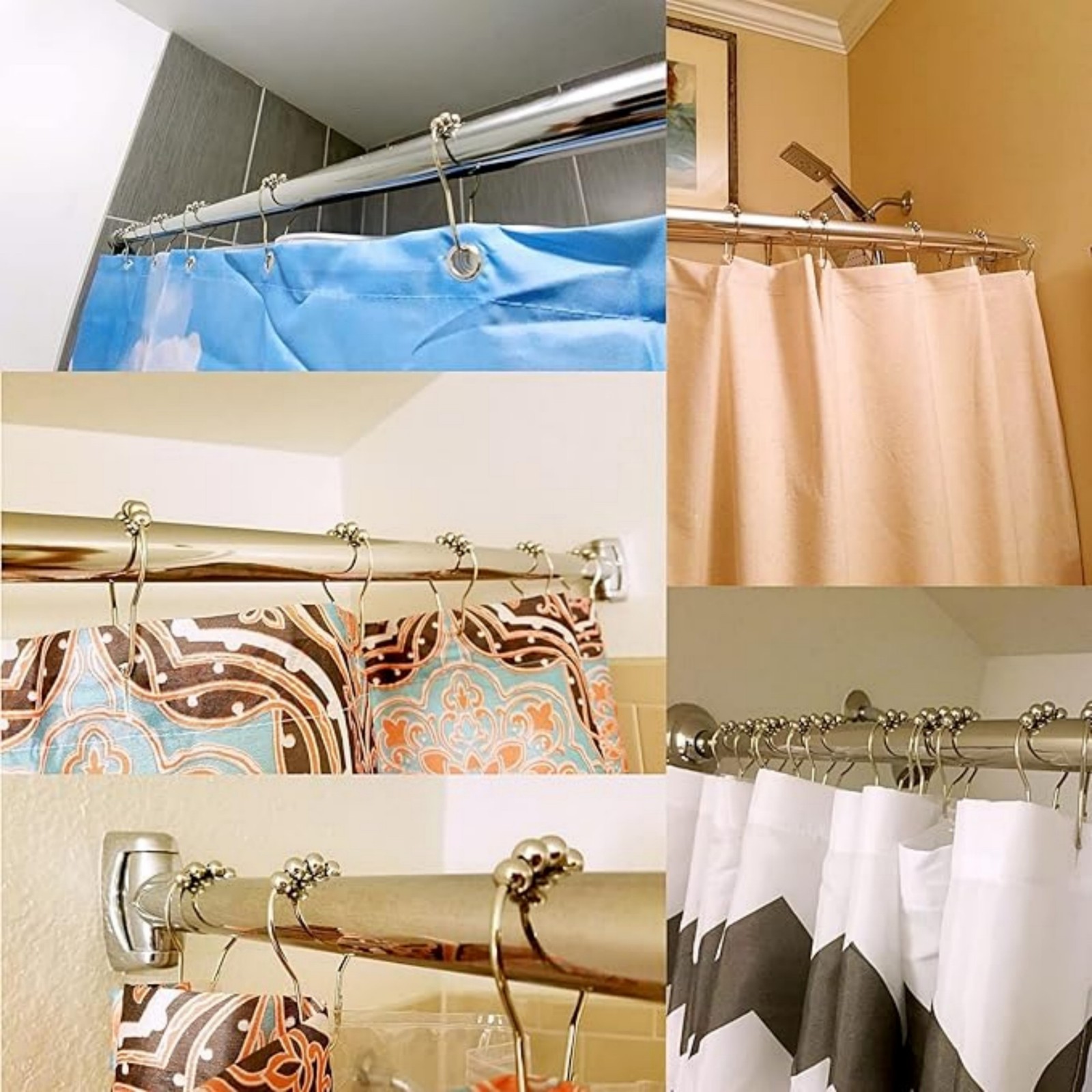 12-Piece Stainless Steel Shower Curtain Hooks with Roller Ball