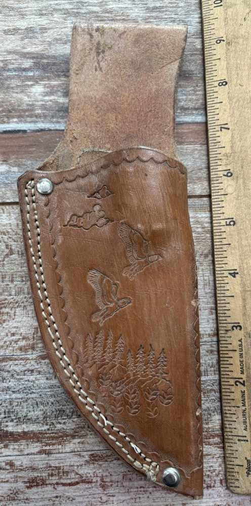 Vintage Fixed Blade Brown Leather Knife Sheath Forest Eagle Pattern
