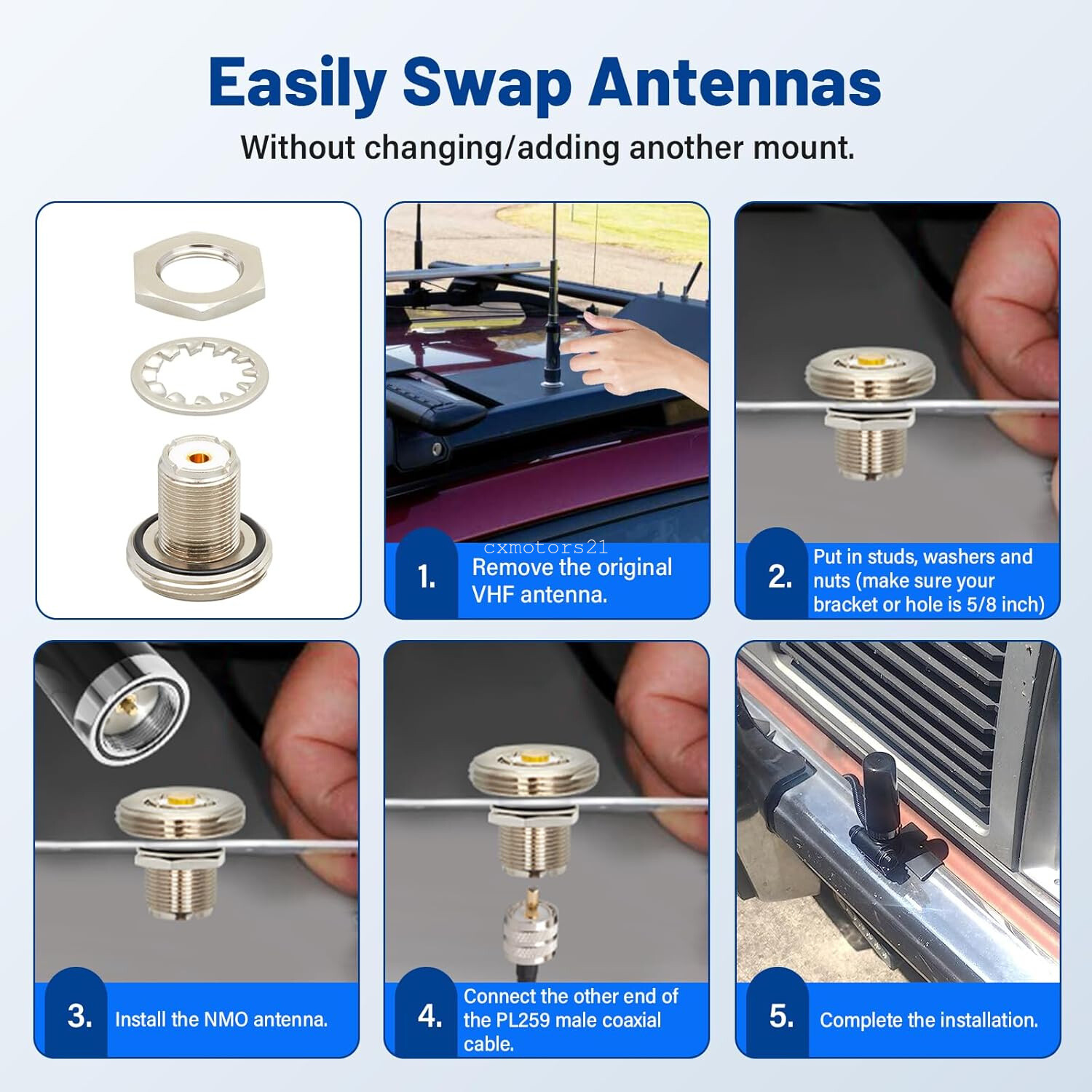 Ham Radio Antenna NMO to PL259 Female Coax Connector 5/8" Mount VHF UHF Adapter