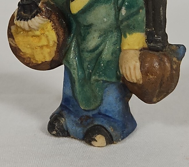 Vintage Japanese Miniature Figurine Yoke Bearing Man Coin Peach Peasant