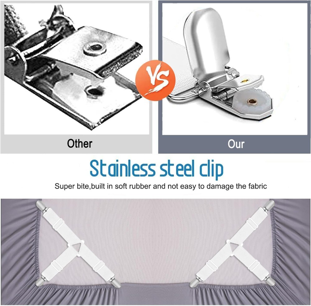 4 Pack Adjustable Bed Sheet Holders Fitted Sheet Straps with Clips for Mattress