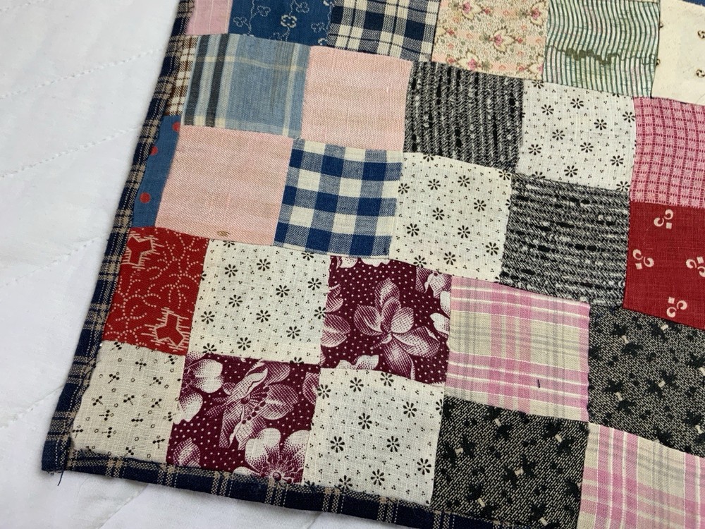 Antique Patchwork Quilt Table Topper, Rectangle, Four Patch, Early Calico Prints