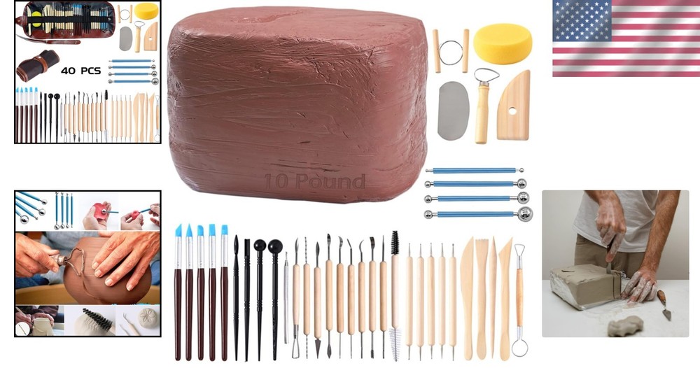 Creative 10LB Natural Modeling Clay + 40 Durable Tools for Pottery Lovers