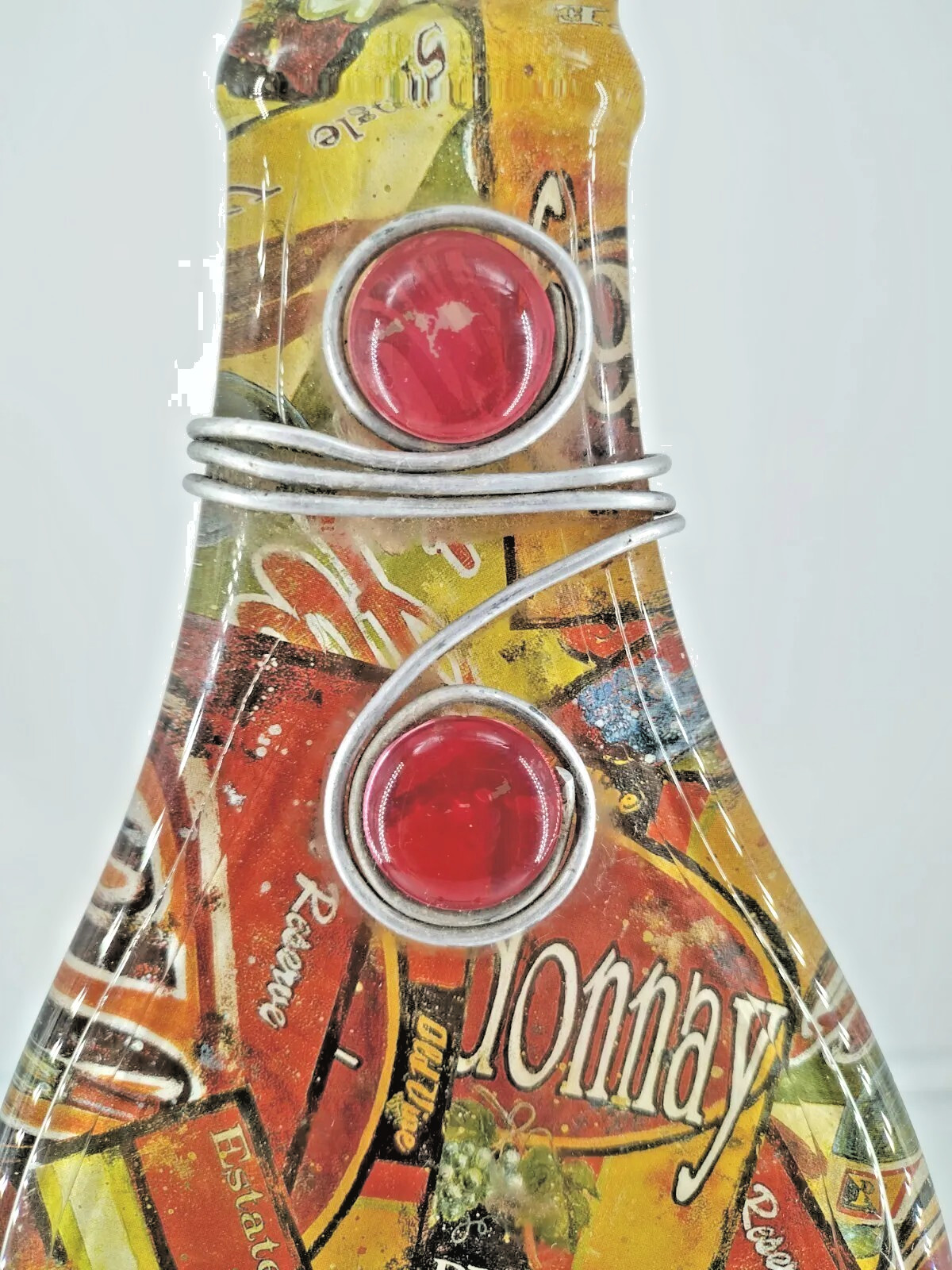 Flatten Glass Wine Bottle Shape Decor Metal Glass 2 Stones 12" T