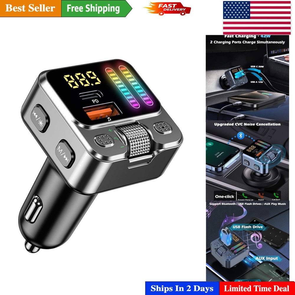 All-in-One Bluetooth 5.3 Car Adapter: FM Transmitter, Charging, and LED Lights