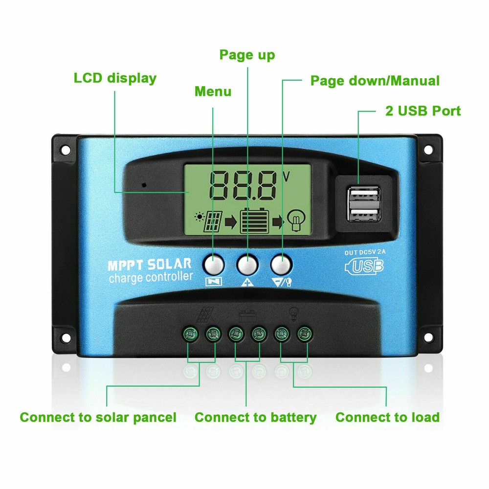 100A MPPT Solar Panel Controller Charge Regulator 12V/24V Battery Auto LCD USB