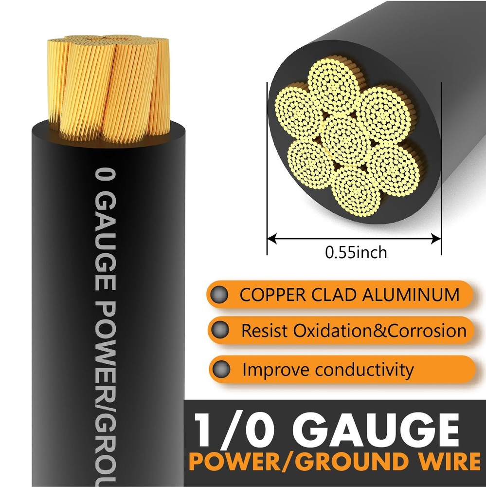 1/0 Gauge Black CCA Wire (20ft Single Roll) - Replacement Ground Cable for Ca...
