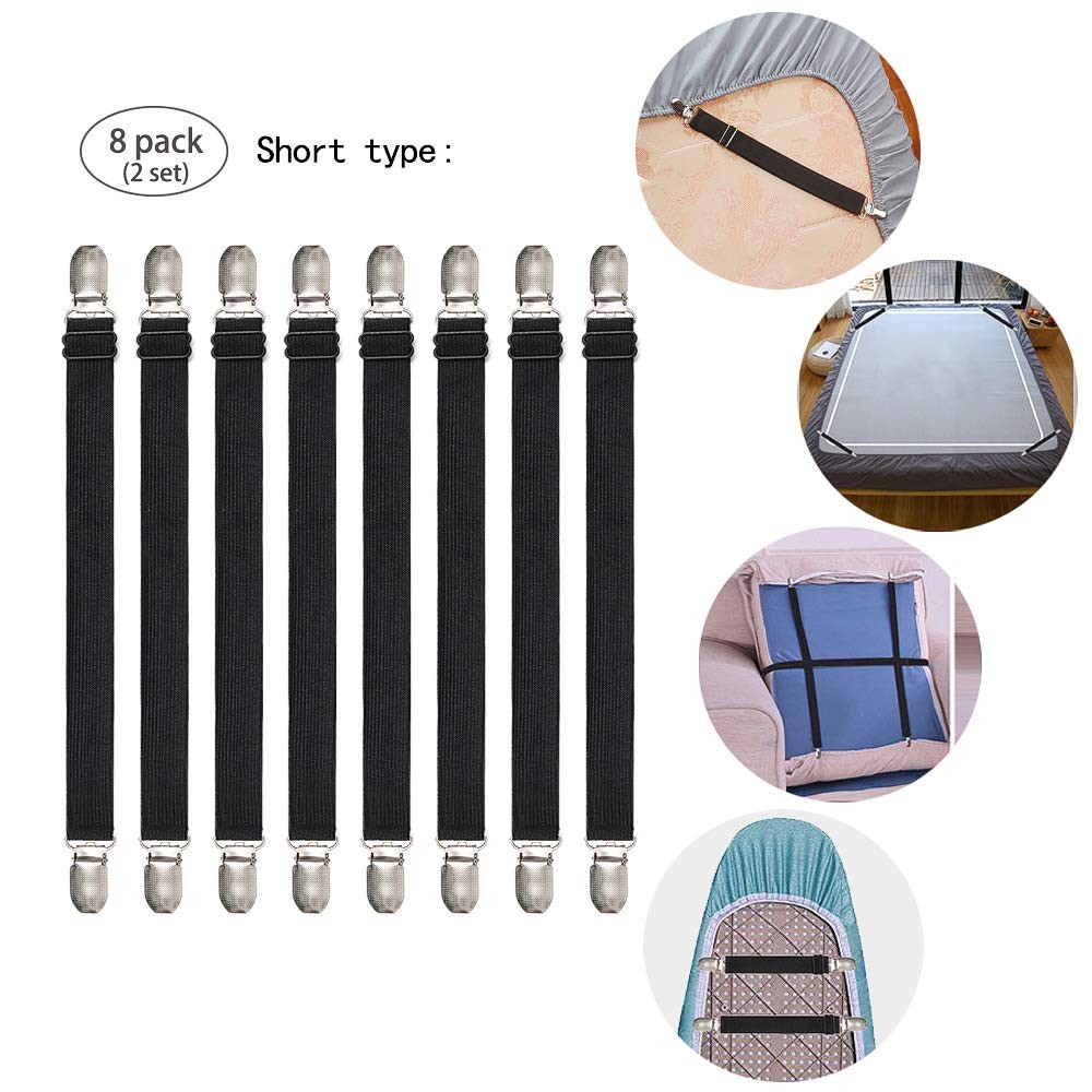 Adjustable Bed Sheet Straps Suspenders Elastic Short type 8 pcs -2 set, Black