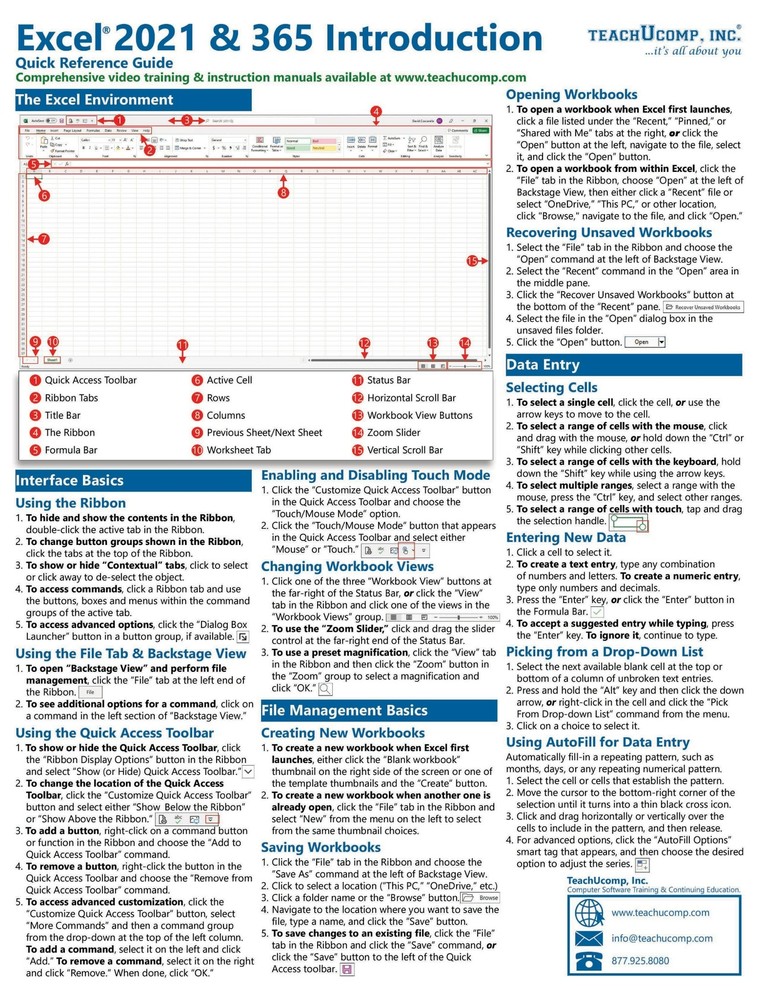 Excel 2021 & 365 Training Guide Quick Reference Card Cheat Sheet Instructions