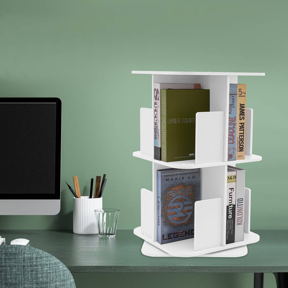 360° Rotating White Bookshelf - 2 Tier Space-Saving Corner Bookcase
