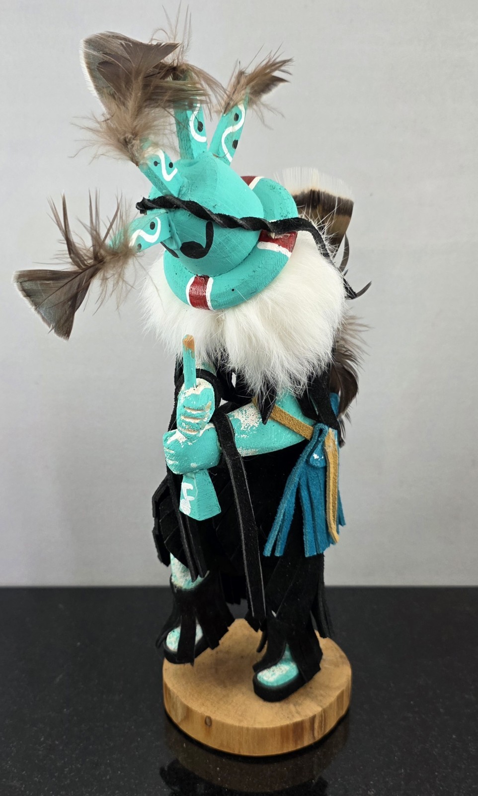 Vintage Kokopelli Kachina Doll Leather Wood Fur Feathers 11.5″ - Corrina Edsitty