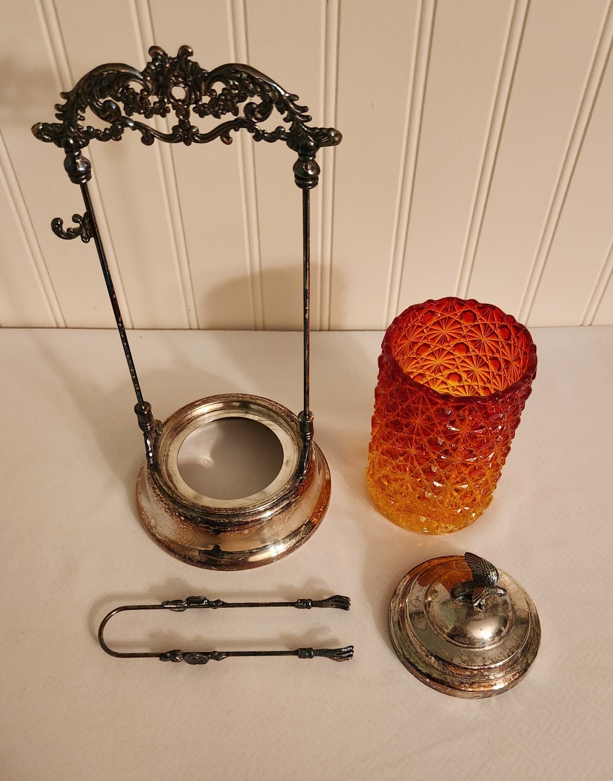 Antique Victorian Amberina Glass Daisy Button Pickle Castor Ornate Eagle Finial