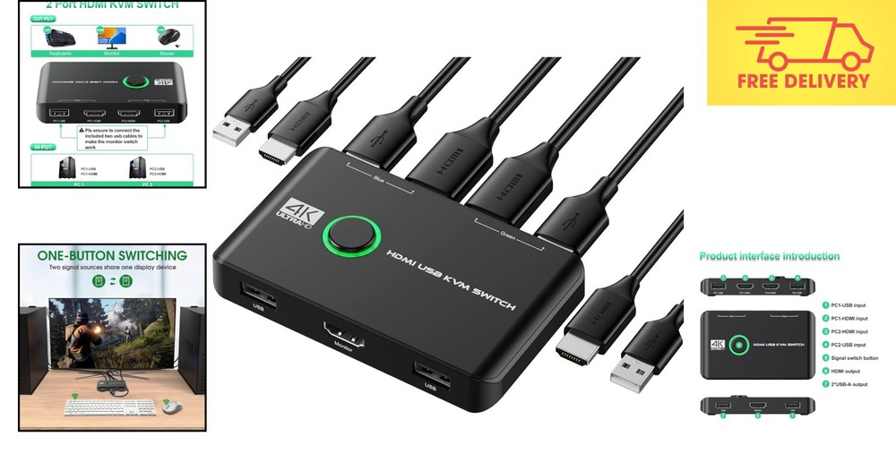Versatile HDMI & USB KVM Switch for 2 PCs - Driver-Free Plug-and-Play Experience