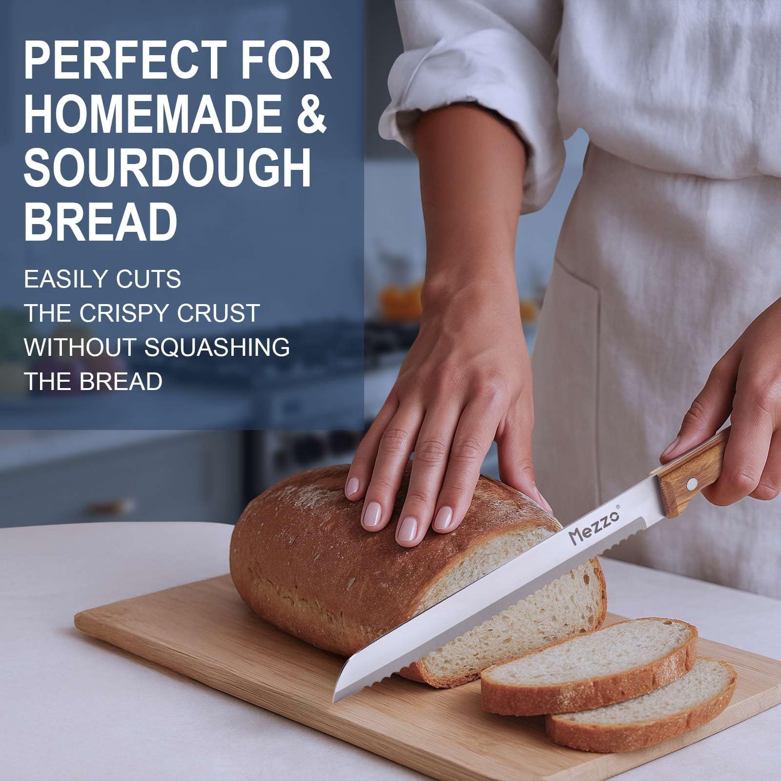 Mezzo Serrated Bread Knife for Homemade Bread High Carbon Steel Sourdough Kni...