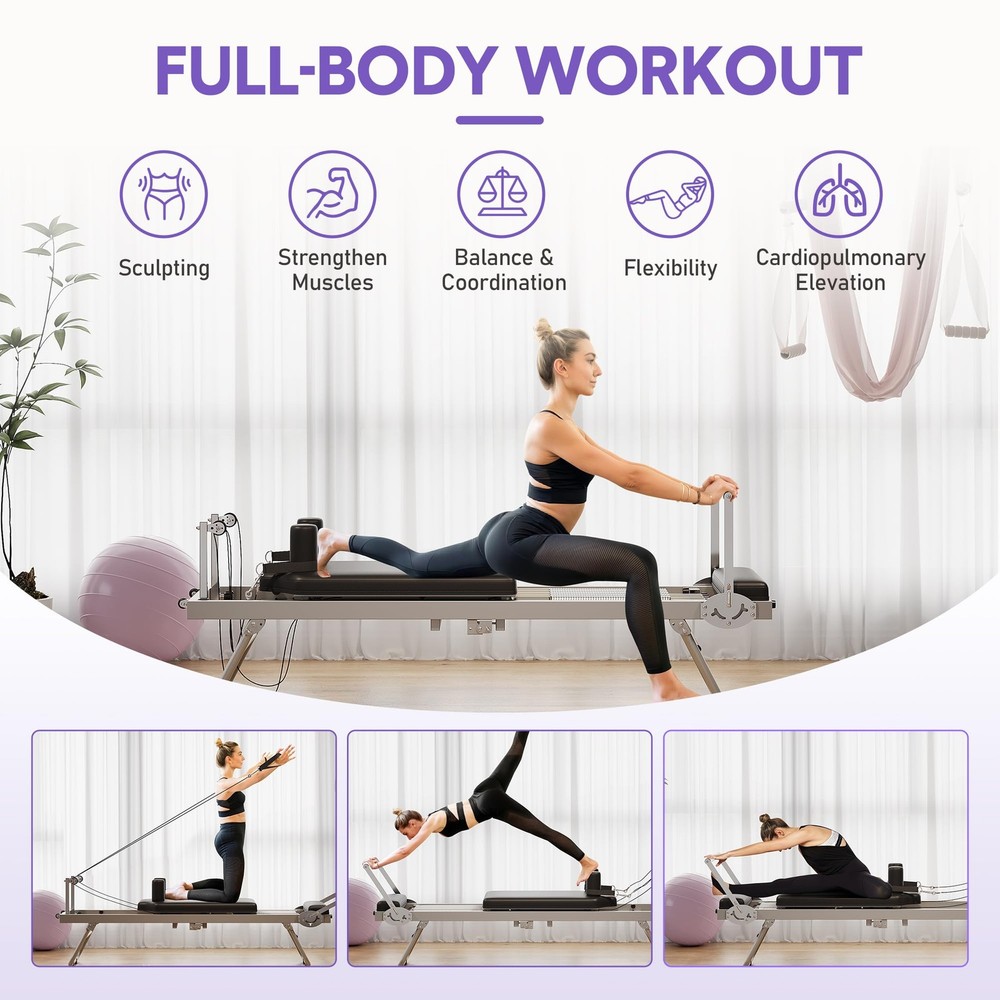 Foldable Pilates Reformer Machine&Adjustable Spring Resistance, Home Gym Trainer
