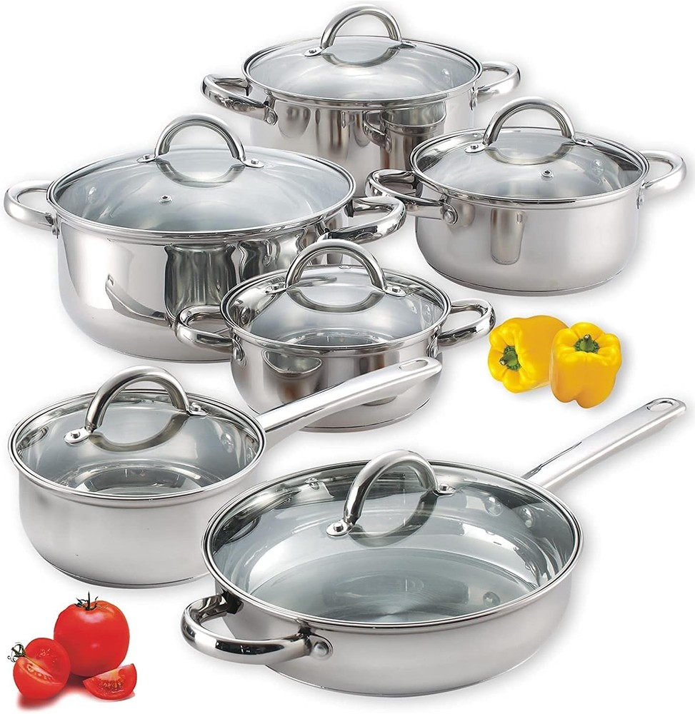 Kitchen Cookware Sets 12-Piece Basic Stainless Steel Pots & Pans Silver