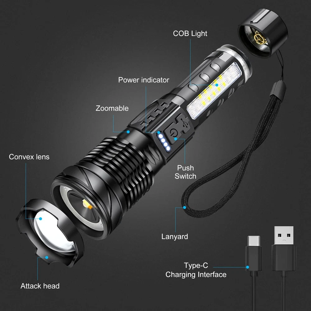 15000000LM Super Bright Flashlights High Lumens Rechargeable 7 Modes LED Flash