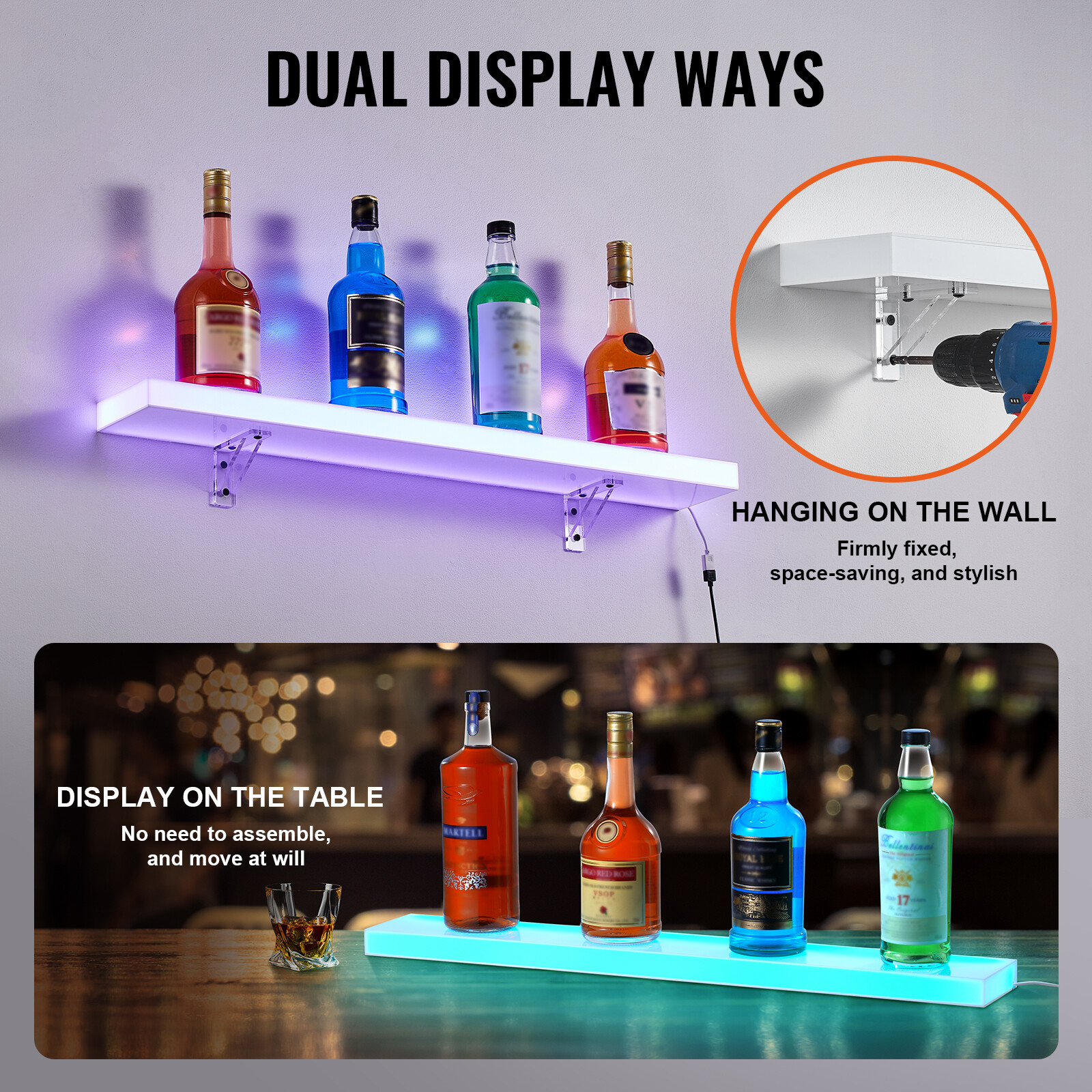 VEVOR Wall Mounted LED Lighted Liquor Bottle Display Home Bar Shelf 30" 1-Step