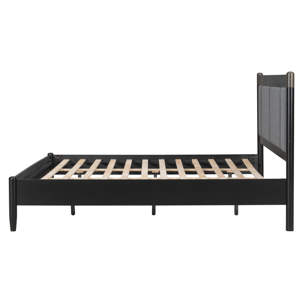 Solid Wood King Bed Frame w/ Upholstered Headboard, 600lb Support, Black