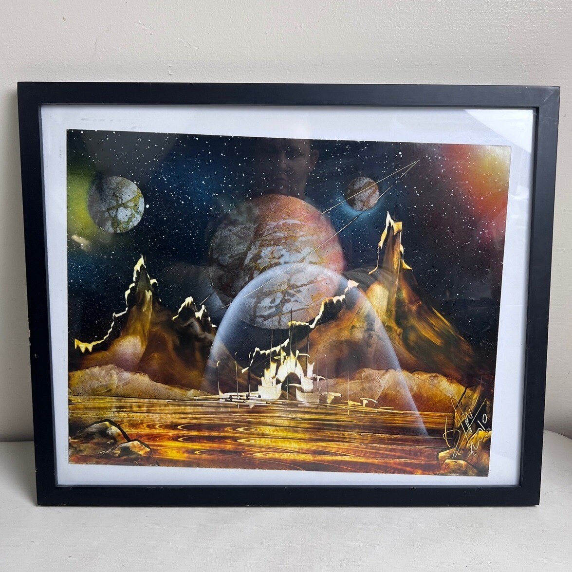 Vintage Fantasy Landscape Planets Sci-Fi Spray Paint Signed Framed Art  Painting