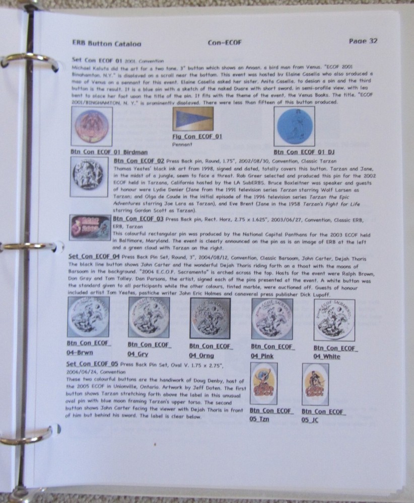 EDGAR RICE BURROUGHS BUTTON CATALOG+34 CON~PINS~PINBACKS~TARZAN~JOHN CARTER