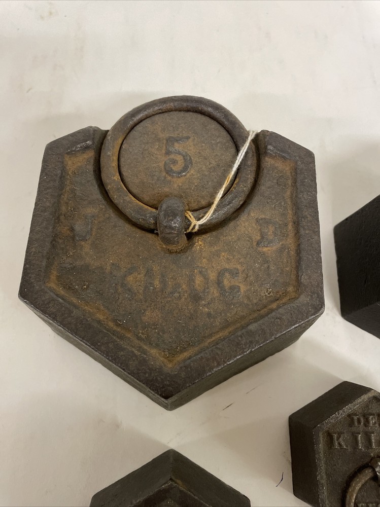Antique KILOGRAM IRON RING WEIGHTS 6 Hexagonal For Scale
