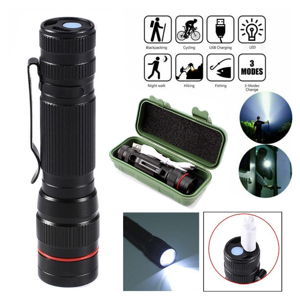 2pcs Super Bright USB Rechargeable LED Tactical Flashlight Zoomable Torch Light