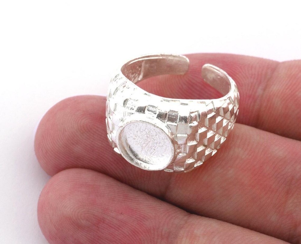 Square Checker Adjustable Ring Round Blank Bezel Shiny Silver Plated brass 4918