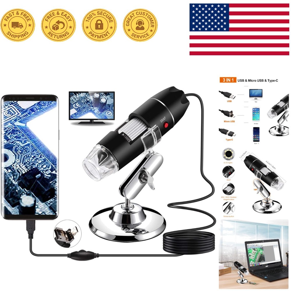 Compact USB Microscope 1.2"x1.2" for 40-1000X Magnification with Adjustable LED