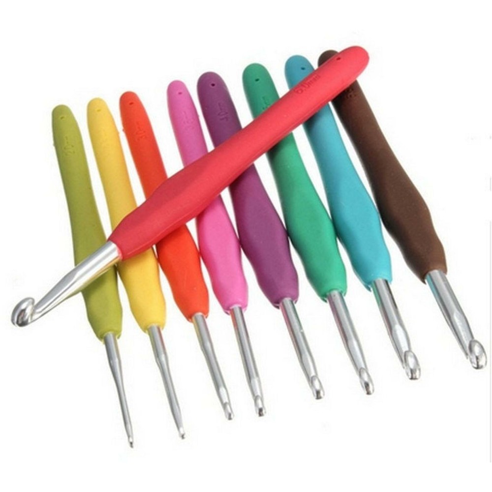 Crochet Hook Set 9Pc Soft Grip Ergonomic Aluminium Hooks 2mm-6mm Colour Coded