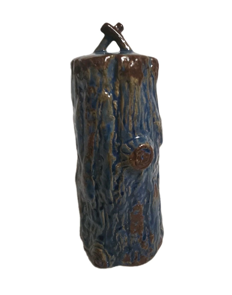 Blue Ceramic Tree Trunk Wood Grain Birdhouse