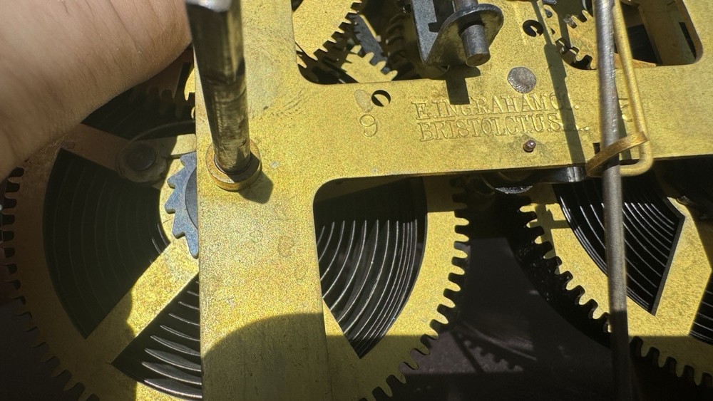 Antique E. Ingraham Co. Brass Clock Movement w/ Pendulum & Bell – Working