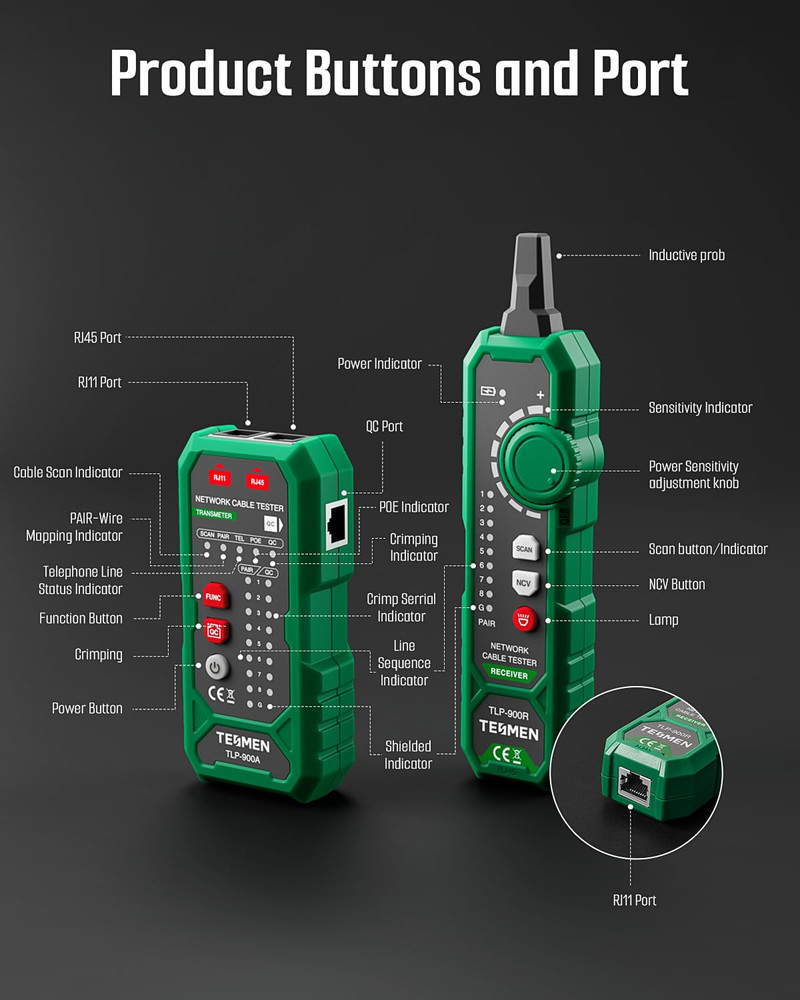 TLP-900AR Network Cable Tester, RJ11 RJ45, for CAT5/6/POE/STP, Multi-Function Ca