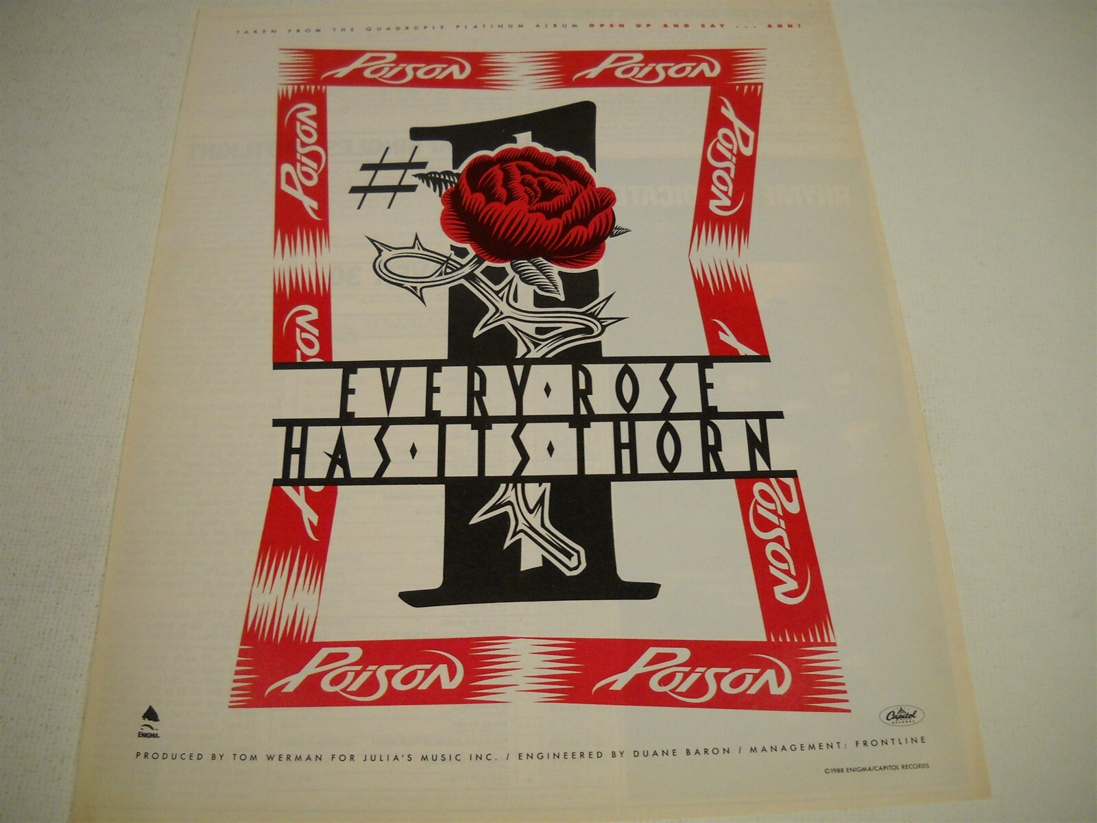 POISON The #1 song EVERY ROSE HAS ITS THORN original 1988 Promo Display Ad