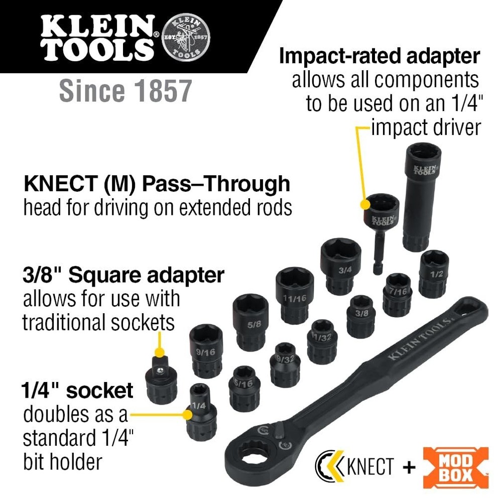 Klein Tools 65400 KNECT 15-Piece Pass Through Socket Set, SAE Impact Set with MO