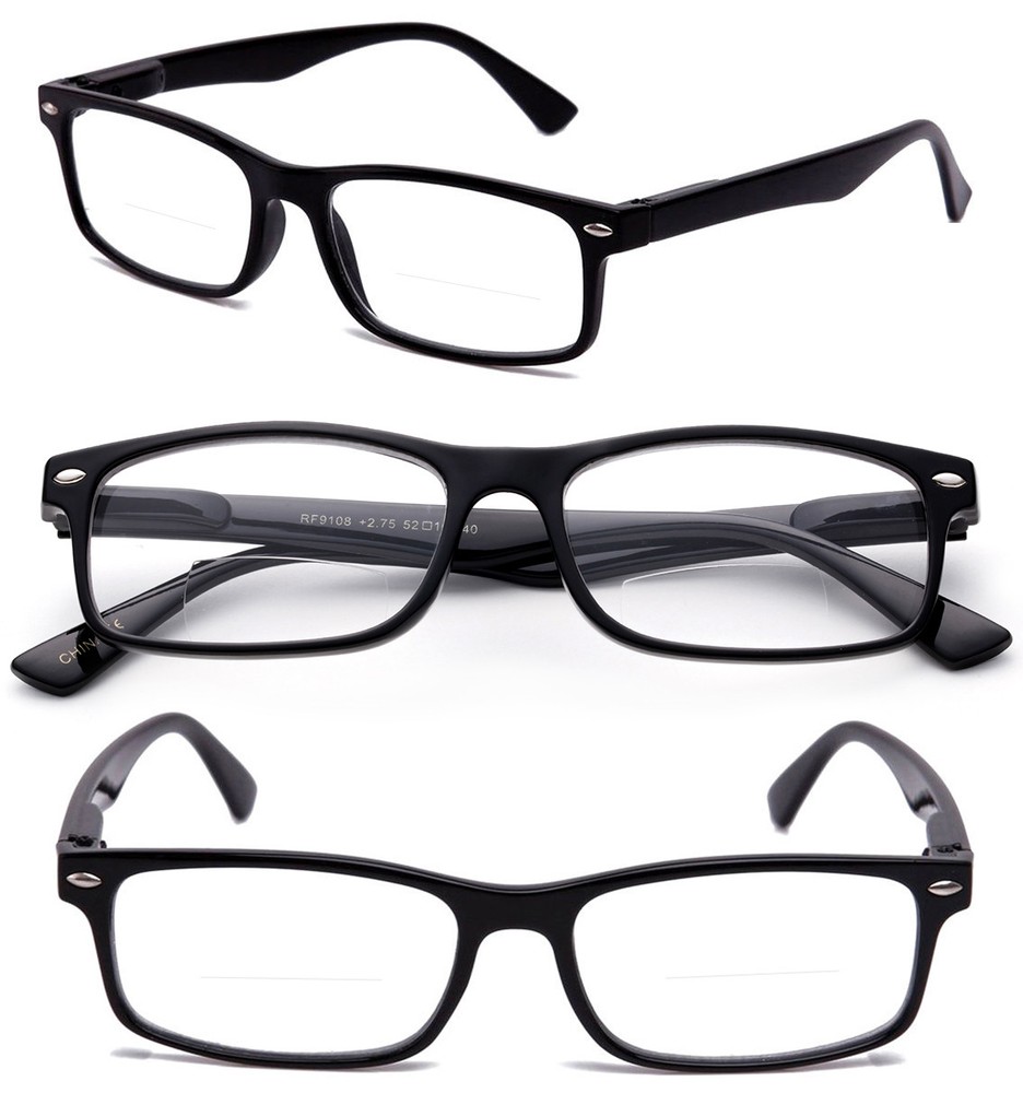 Bifocal Reading Glasses Spring Hinge Rectangular Frame Classic Slim Frame Black