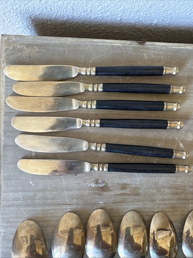Vintage Brass & Black Bakelite Set Flatware Silverware 32 Piece Set