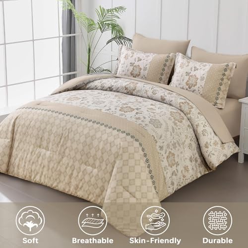 Comforter Set 7 Pieces Bed in a Bag Floral Geometric Patchwork Soft King Beige