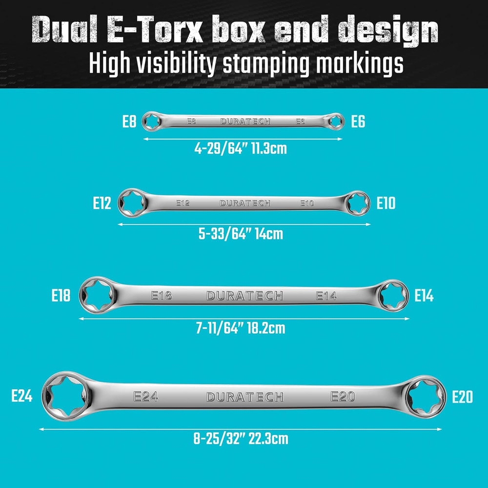 4-Piece E-Torx Set, Double Box End Set, CR-V Steel, Including E6*E8, E10*E12,