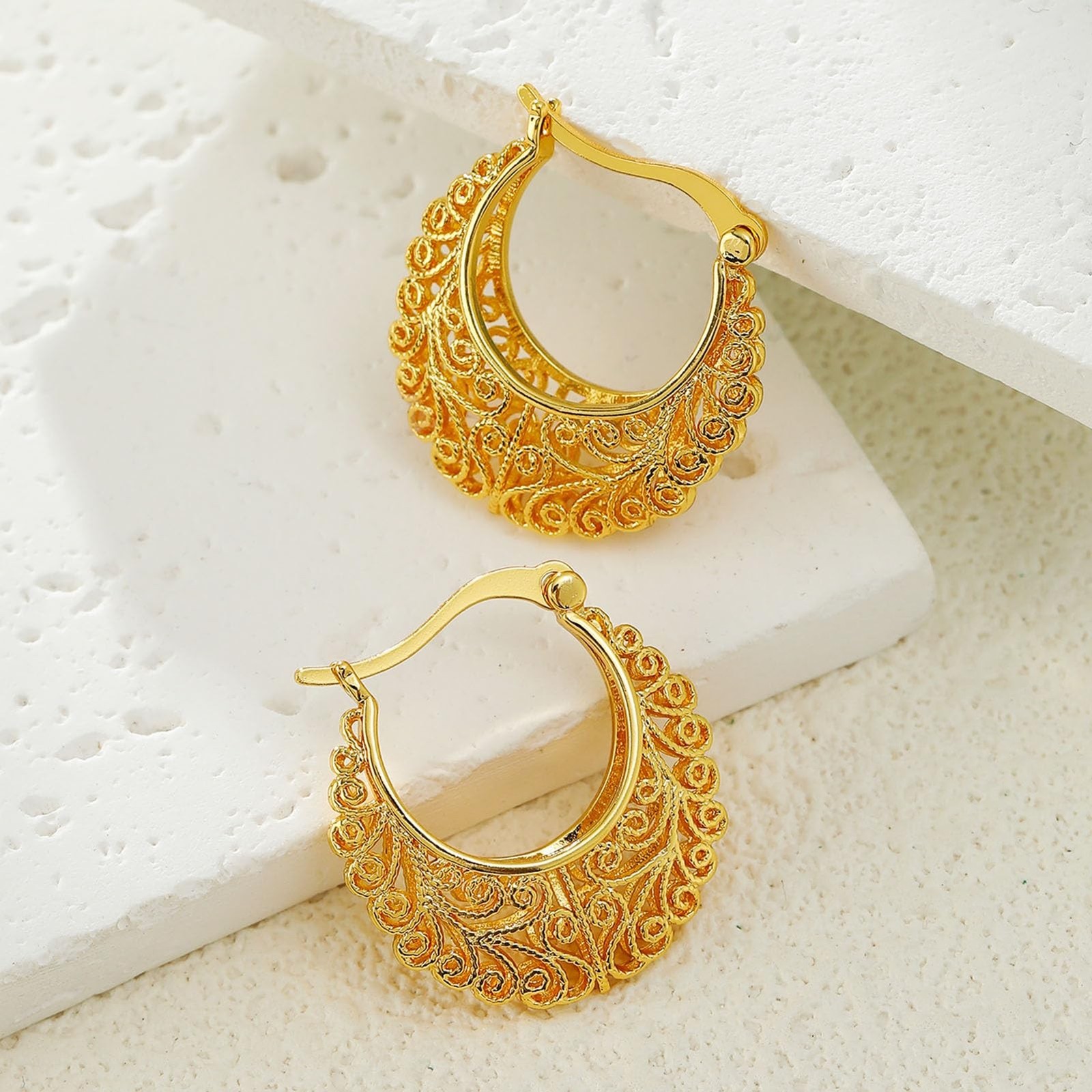 Filigree Gold Hoop Earrings Vintage Small Earrings for Women
