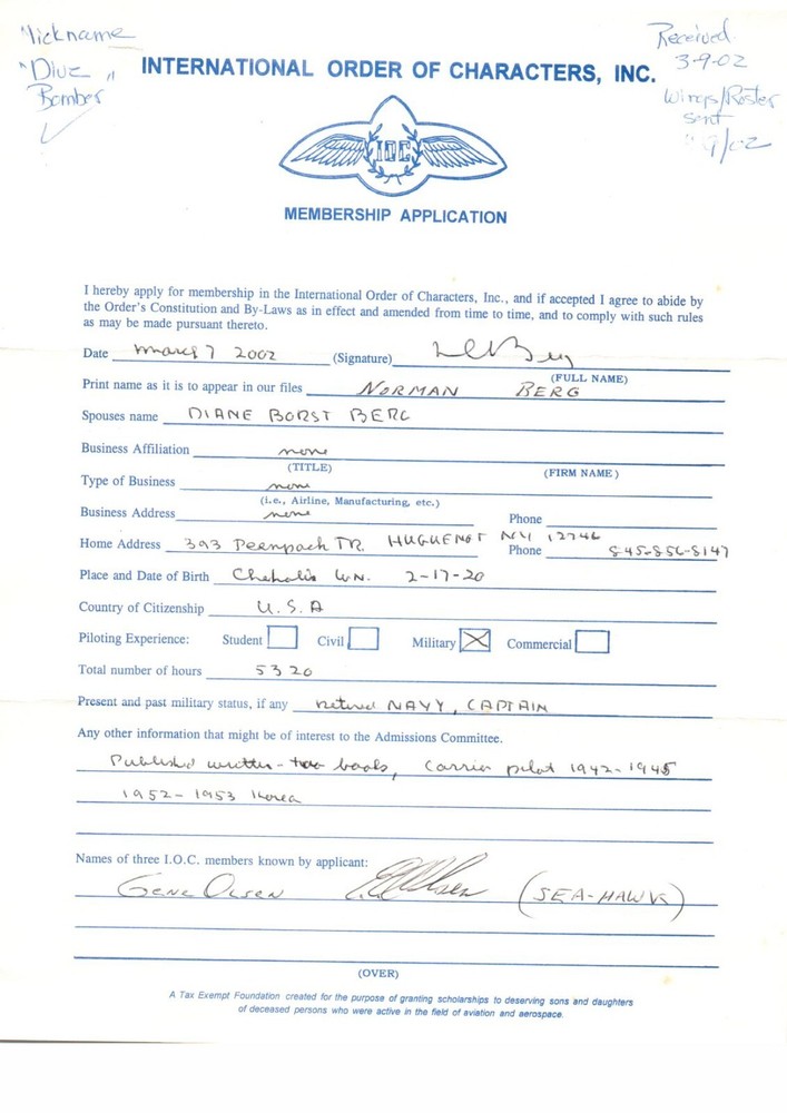 Norman E. Berg Author & Gene Olsen Both WWII Pilots Signed Aviation Document