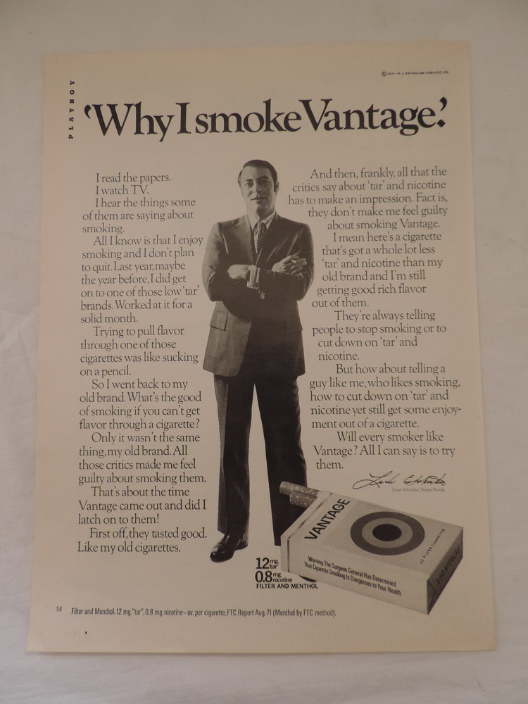 1972 VANTAGE Cigarettes Full Page Black & White Print Advertisement