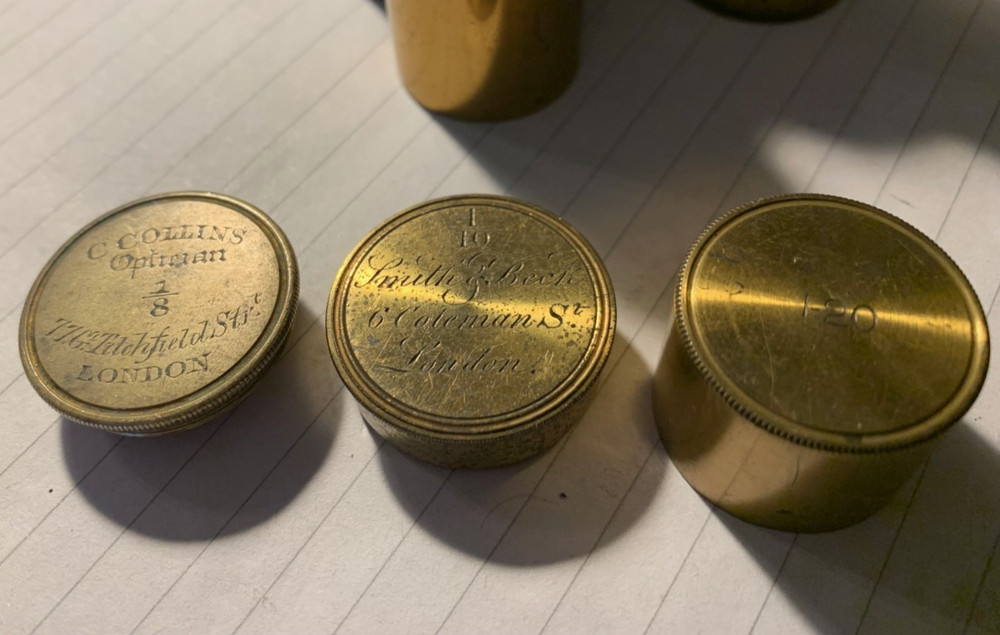 Brass Microscope Objective Cases & Non-matching Tops incl. Smith & Beck, Collins