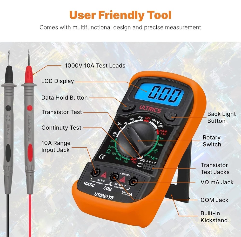 Multipurpose Digital Tester - Voltmeter, Ammeter, Ohmmeter with Safety Features