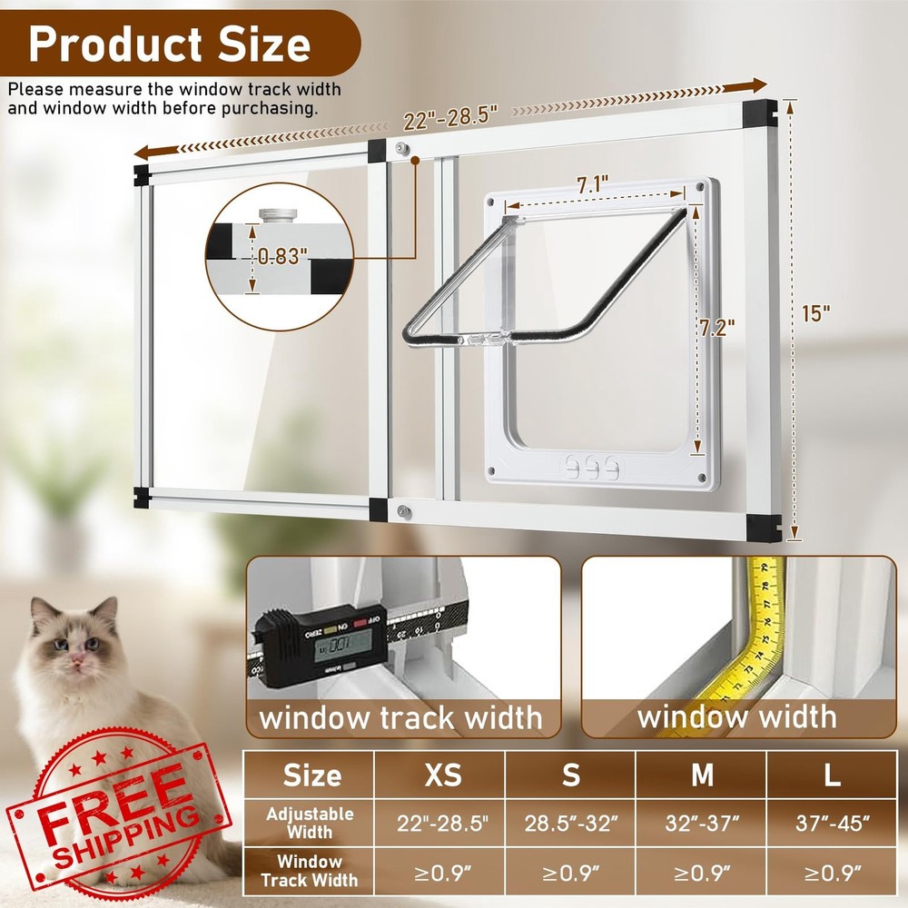 Cat Door for Window 22-28.5" Adjustable 4 Lock Modes