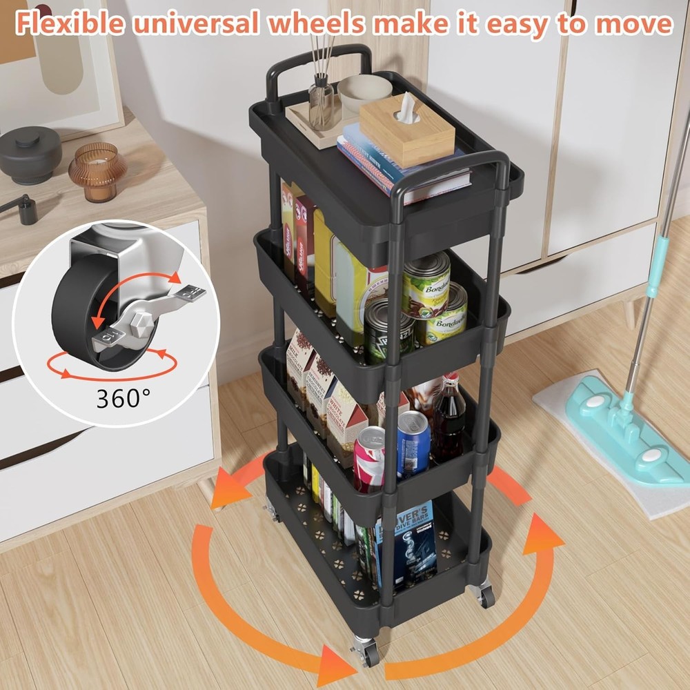 Adjustable 4-Tier Rolling Cart - Effortless Storage Solution with Chic Design