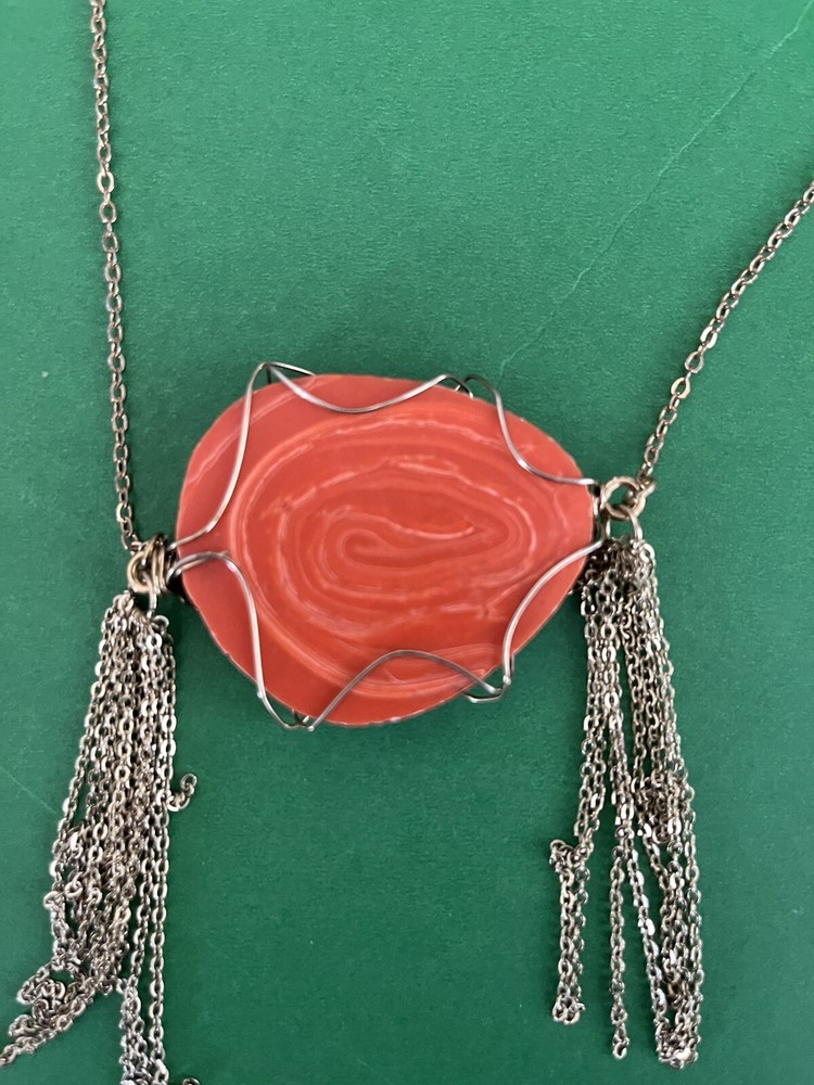 Gemstone Slice Pendant with Tassels on a Chain