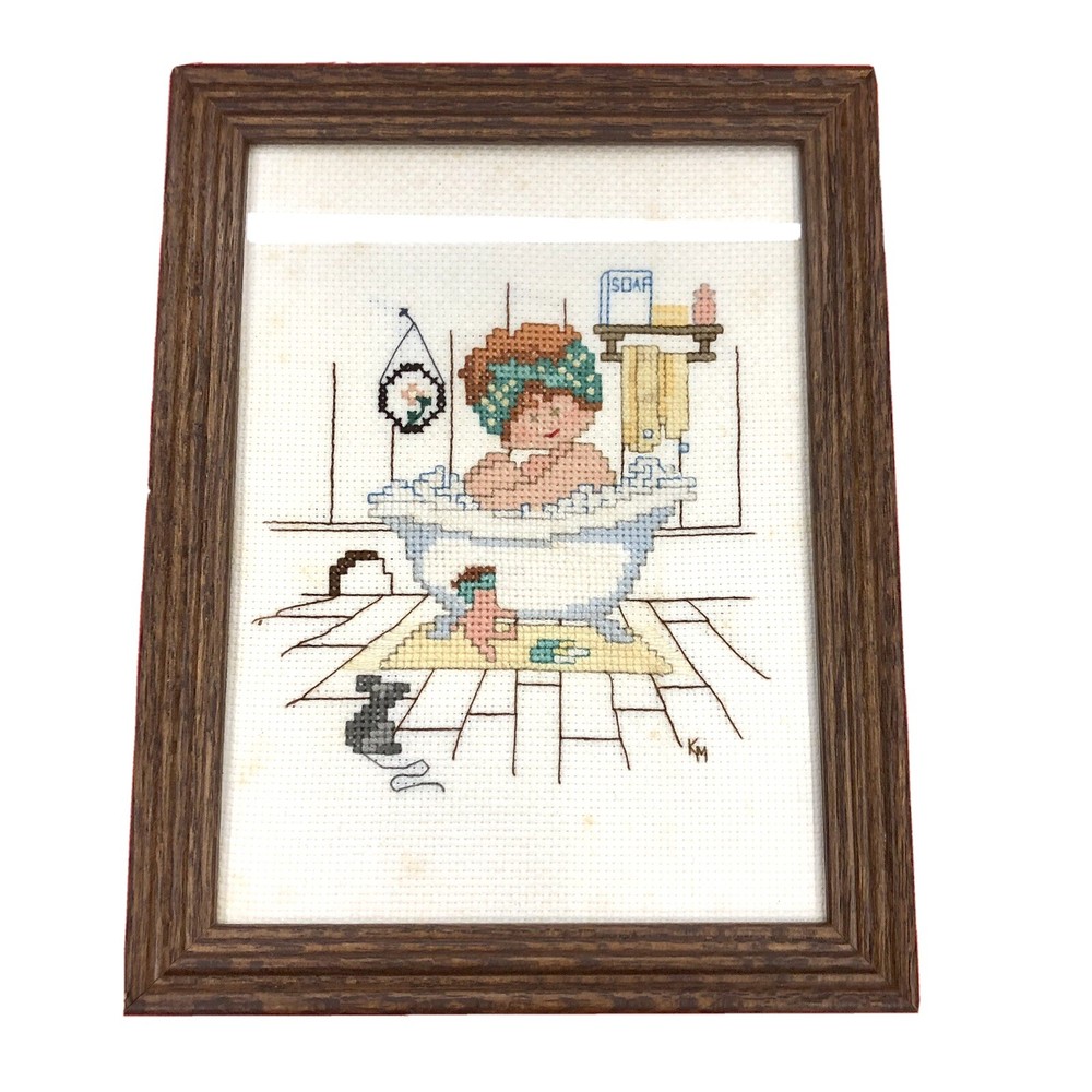 Needlework Cross Stitch Framed COMPLETE Redhead in Bath Tub Mouse Handmade Read