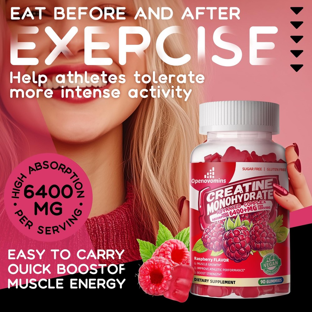 Creatine Monohydrate Gummies Complex 6400mg 90 Count (Pack of 1), Raspberry