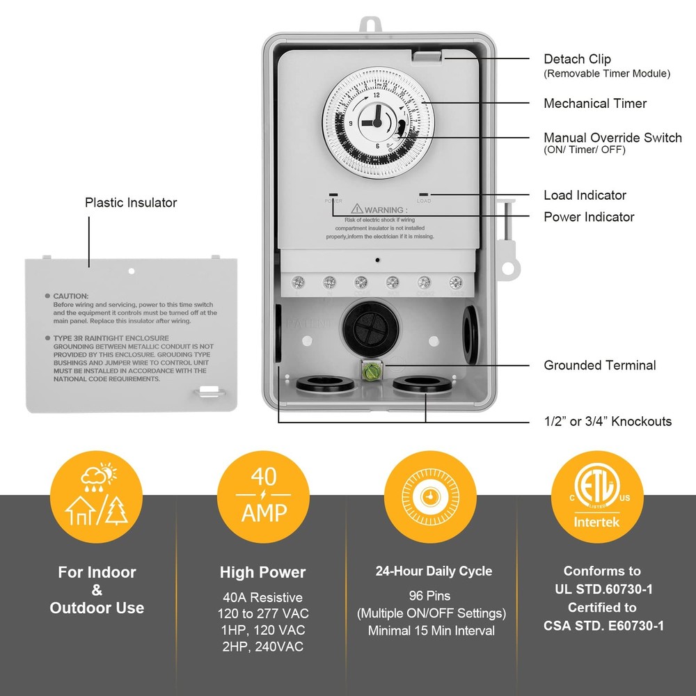 Pool Timer, 24-Hour Cycle Mechanical Timer Switch, 40 AMP, 2HP, 120, 240, 277...